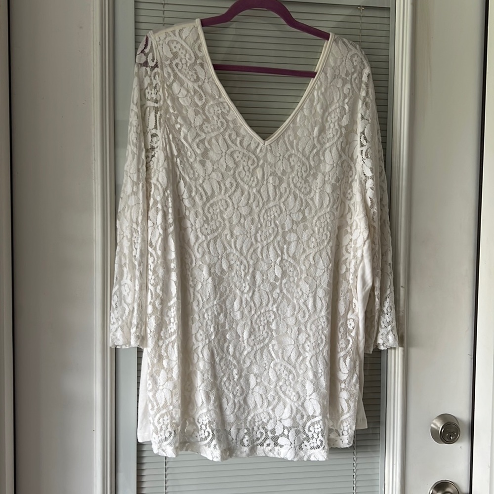 Knit lace top from lane Bryant. Lace overlay on front with 3/4 length sleeve.